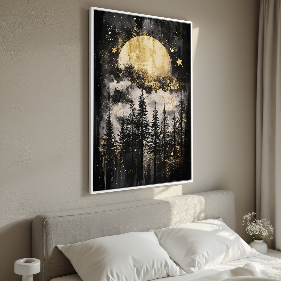 Framed Wall Art: Abstract forest scene with moon, stars, and gold accents. Black, gold, and neutral tones. Perfect for bedroom decor.