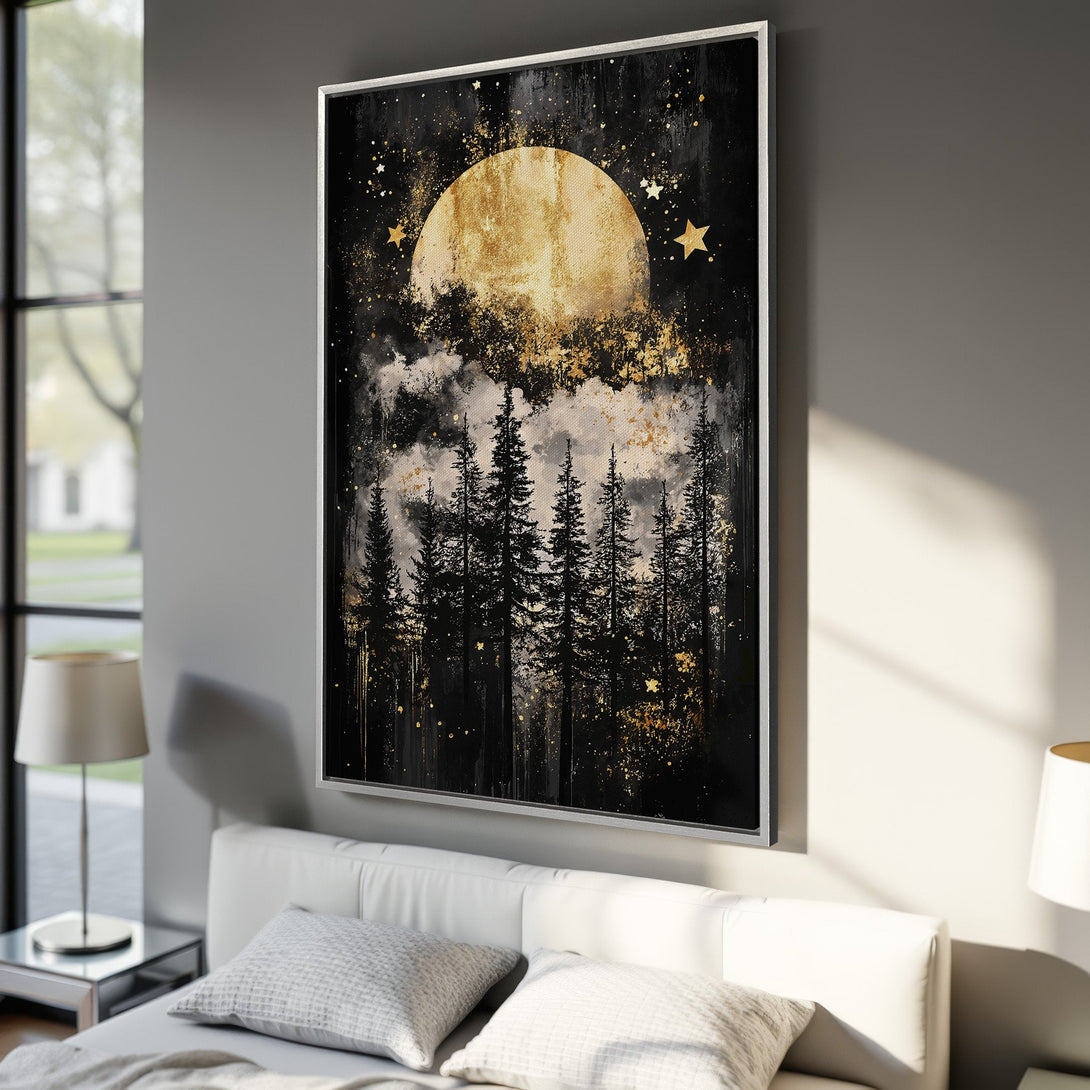 Framed Wall Art featuring a celestial forest scene with a golden moon and stars. This black and gold canvas print adds a touch of elegance to any room.