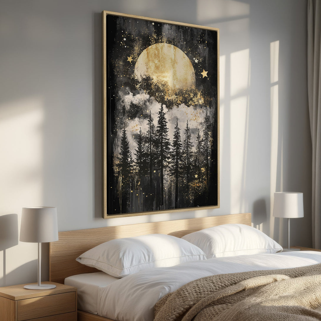 Framed Wall Art: Moonlit forest scene in black, gold, and white. Perfect for bedroom decor, this canvas print adds a touch of celestial elegance.