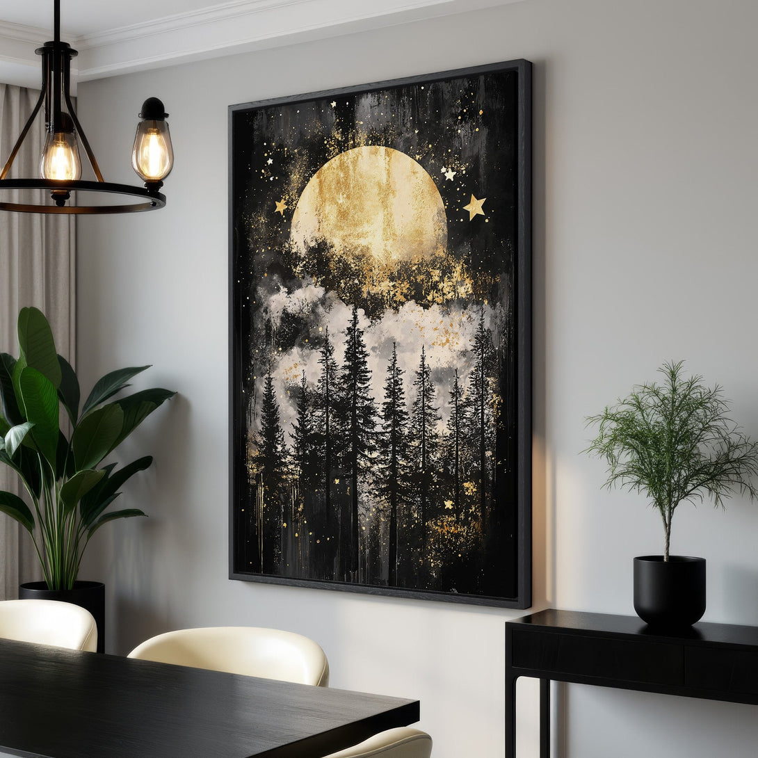 Framed Wall Art: Abstract forest scene with moon and stars. Black, gold, and white color palette. Modern art for home decor.