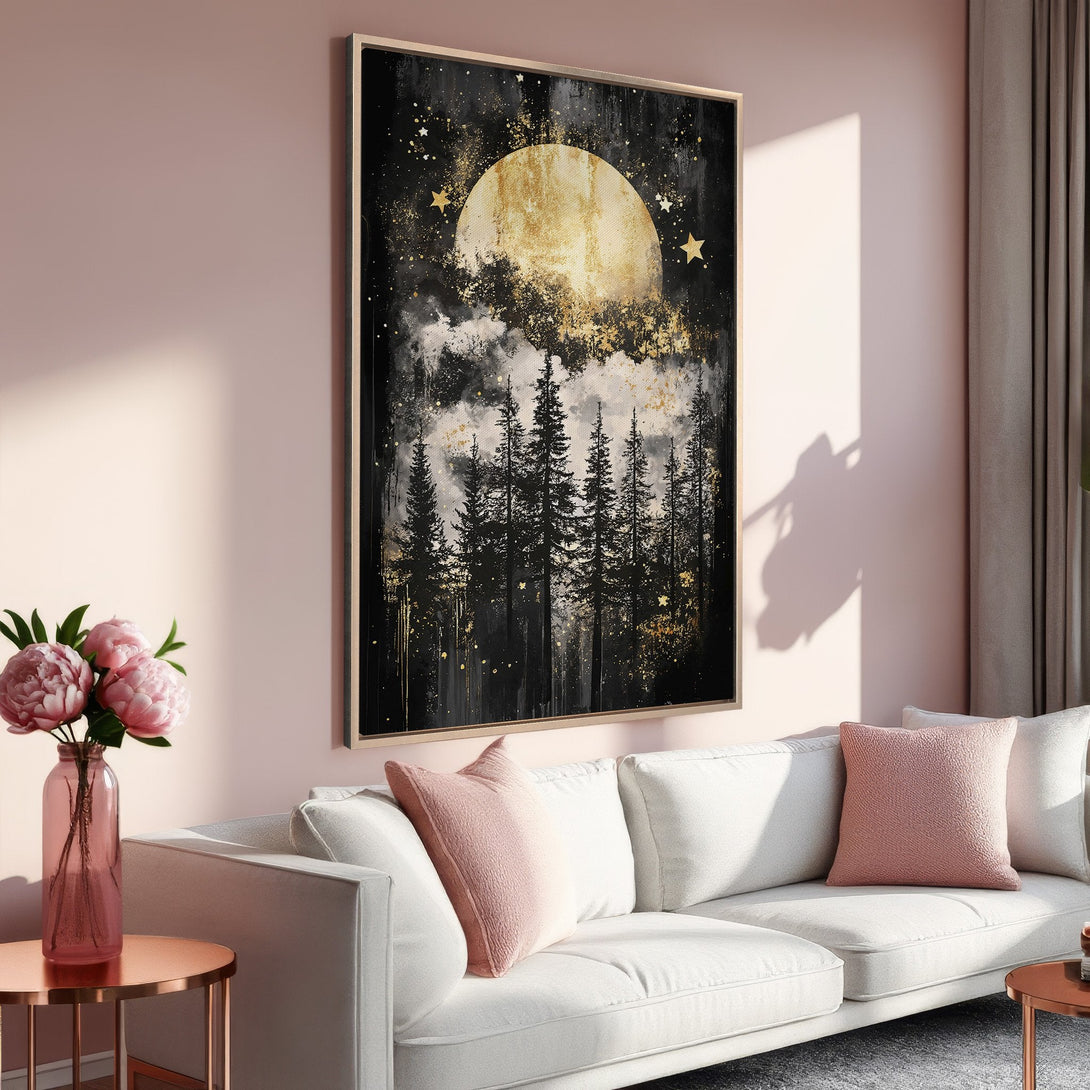 Framed Wall Art: Moonlit forest scene in black, gold, and white. Modern, abstract style. Perfect for adding a touch of elegance to your living room.