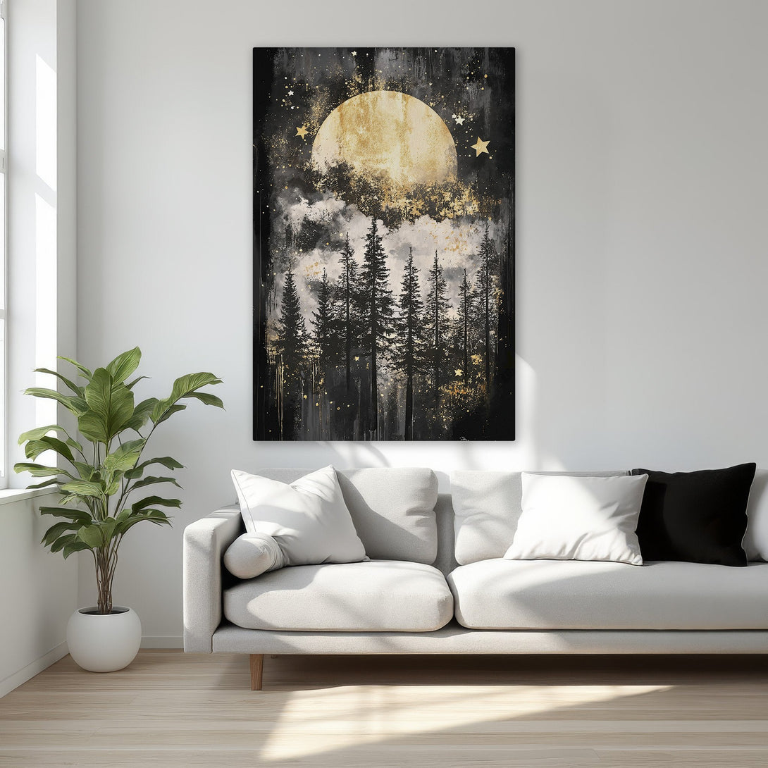 Framed Wall Art: Abstract moonlit forest scene in black, gold, and white. Enhance your space with this stunning canvas print!