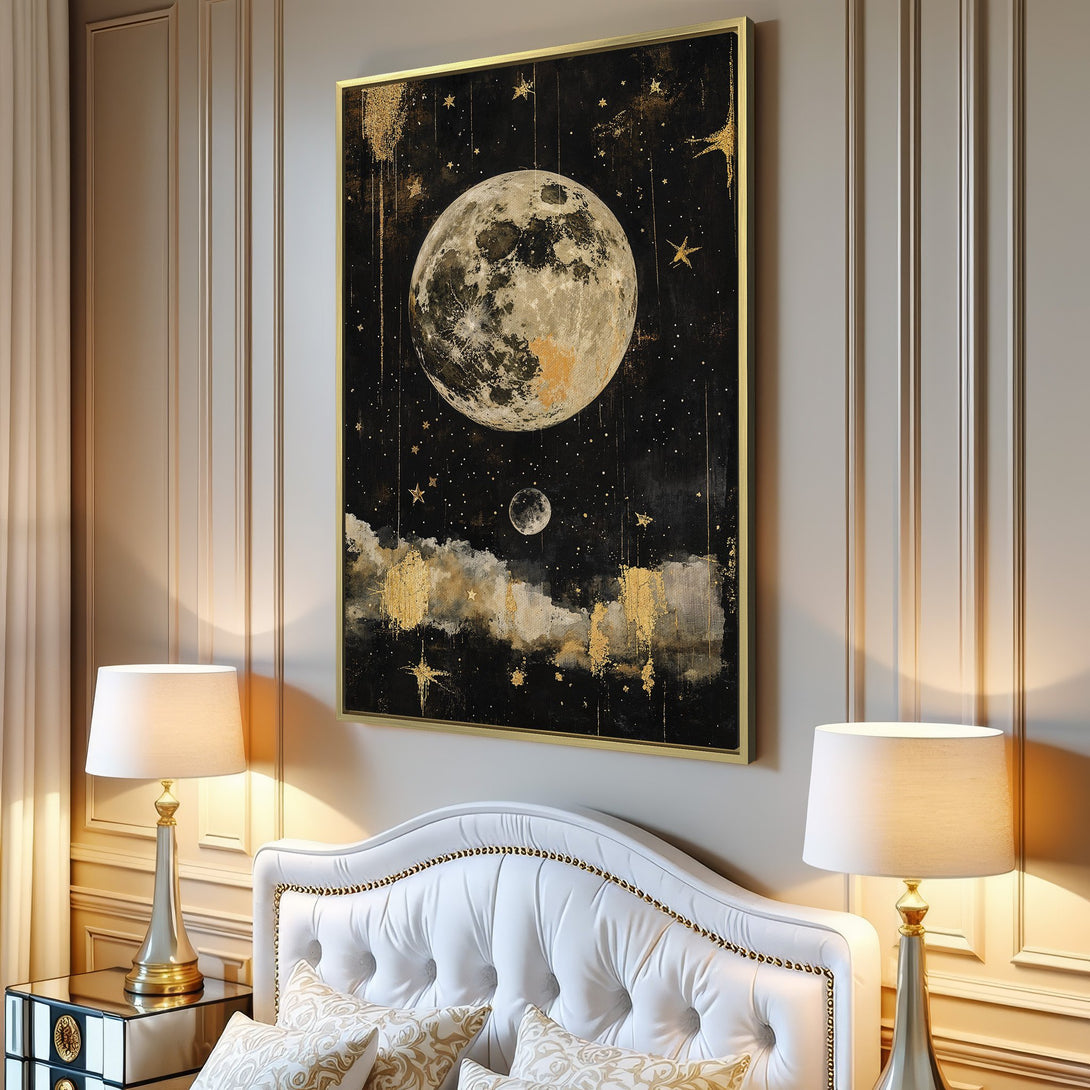 Canvas Print featuring a celestial moon and stars art print with gold accents against a dark background. Modern, elegant wall decor.