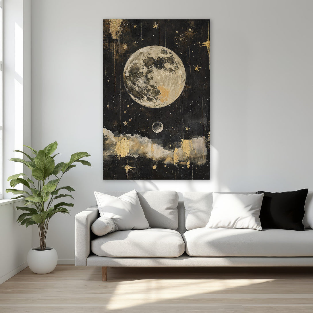 Framed Wall Art: Celestial moon and stars canvas print in black and gold, perfect for a bedroom. Modern art with a touch of luxury.