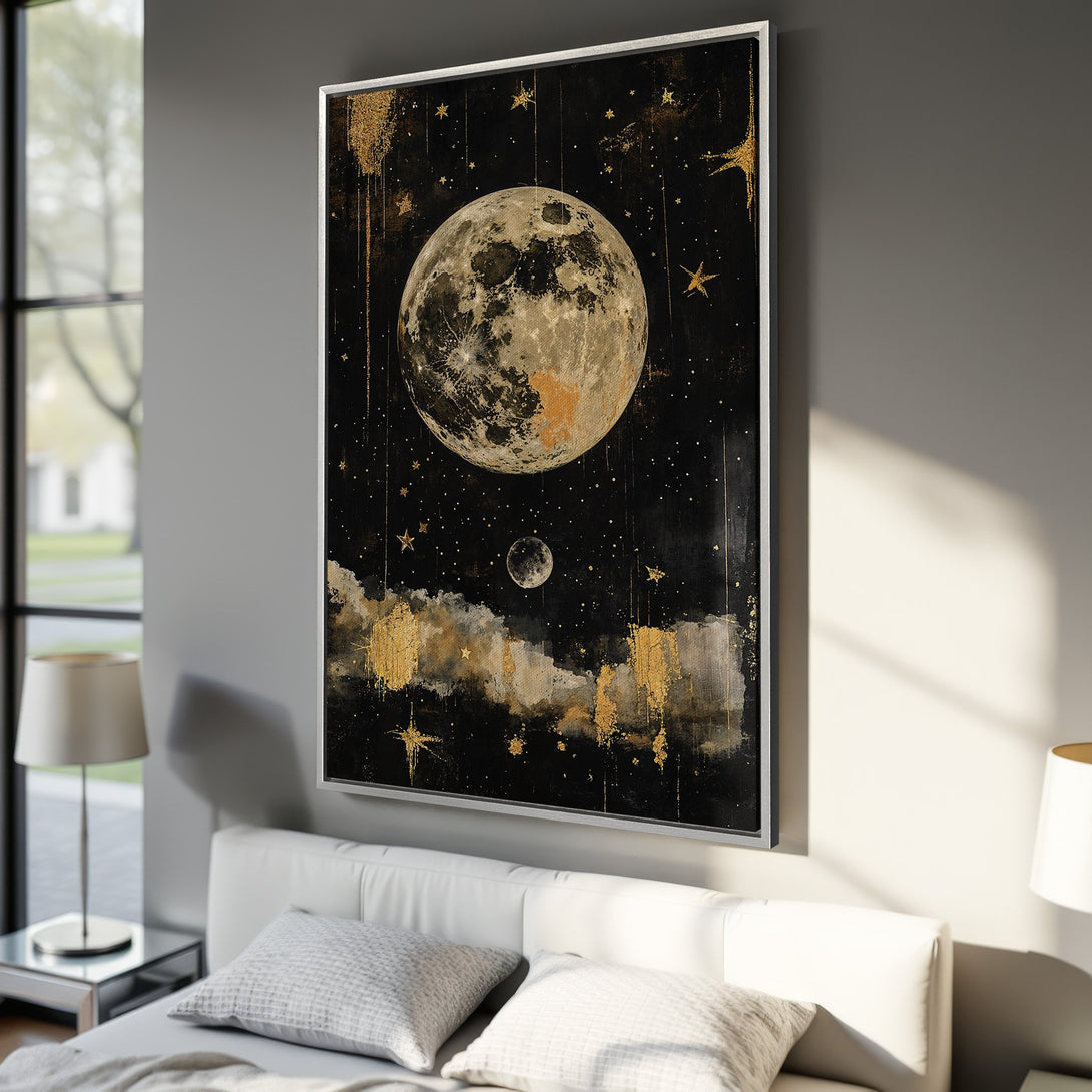 Framed Wall Art: Stunning moon and stars art print in black and gold. Perfect for adding a touch of celestial elegance to your bedroom decor. Shop now!