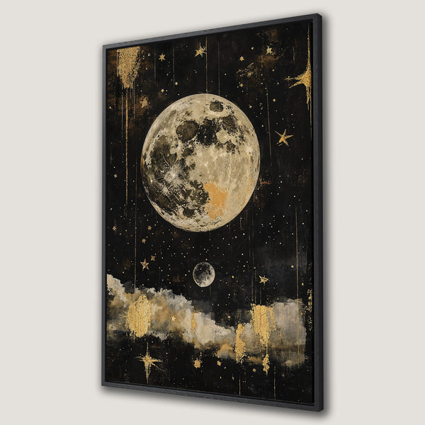 Framed Wall Art: Celestial moon and stars art print in black, gold, and cream. Modern, abstract style canvas print for home decor.