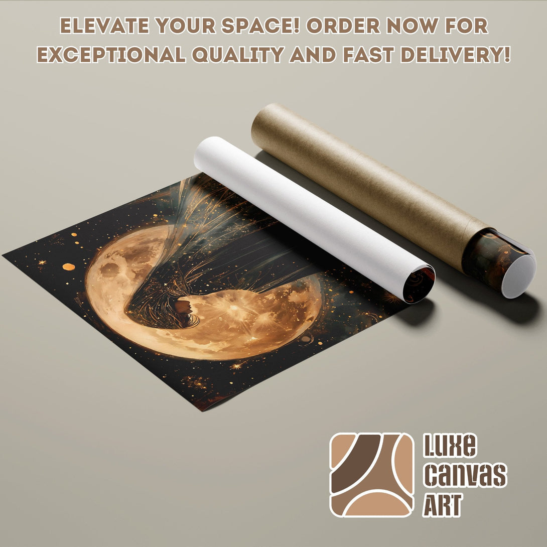 Poster Roll featuring a celestial woman in warm gold and black tones. Elevate your space!