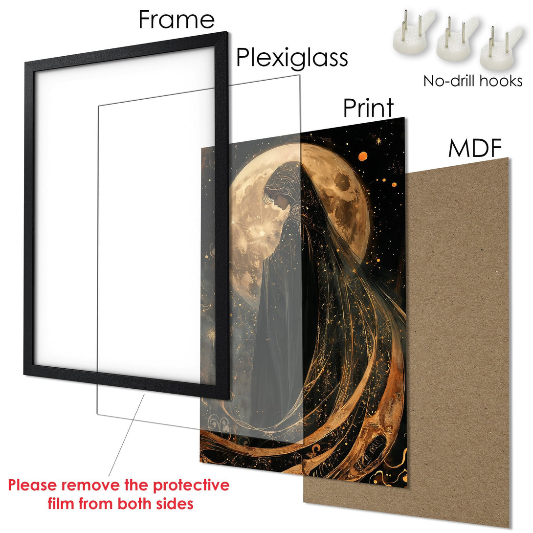 Framed Poster featuring a mystical woman in a dark, gold-toned style. Perfect for adding a touch of art to your space.
