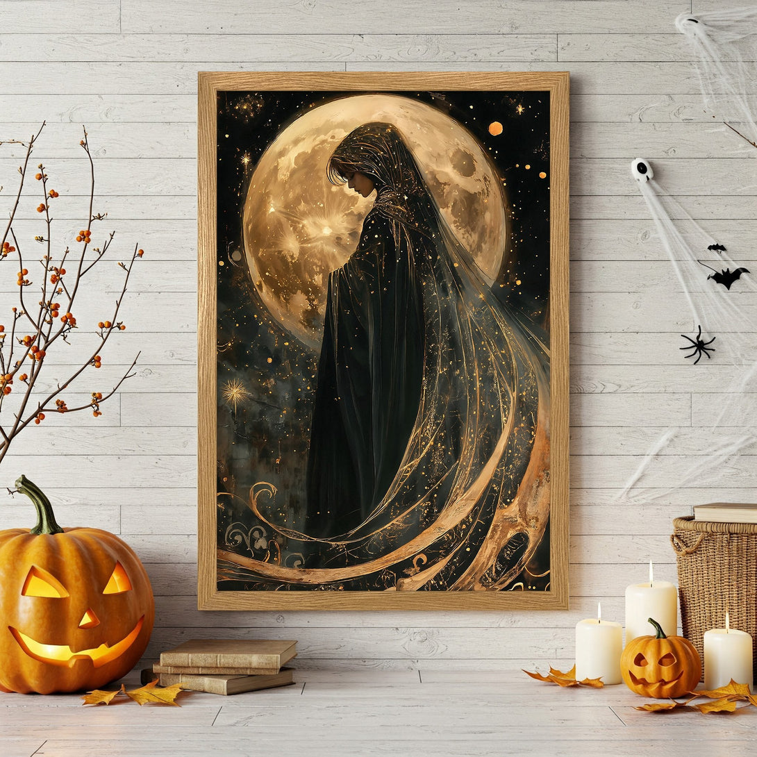 Framed Poster featuring a mystical figure in a dark, gold-toned style. Perfect Halloween decor.