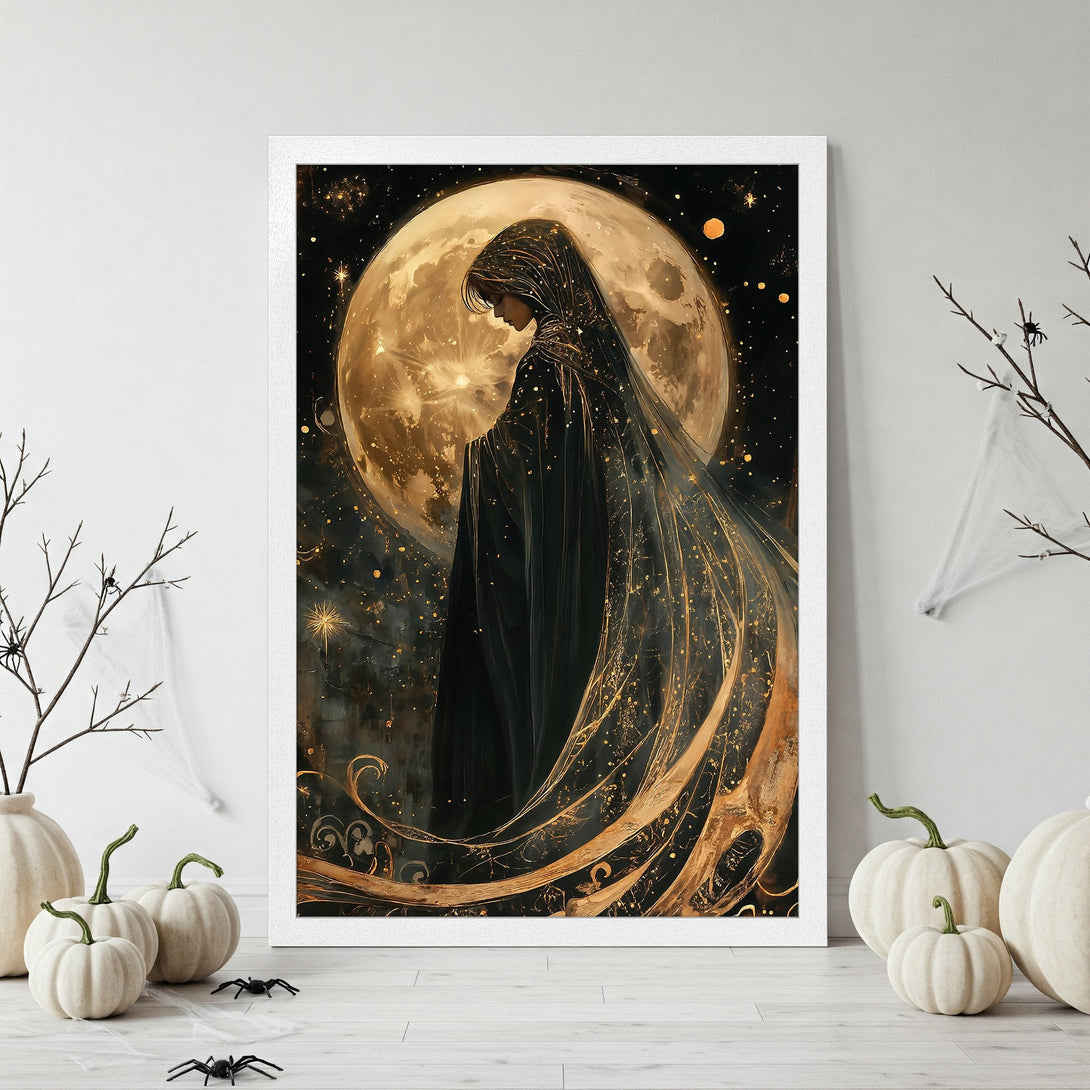 Framed Poster of a mystical figure against a moonlit sky. Dark, elegant art with gold accents. Perfect Halloween decor.