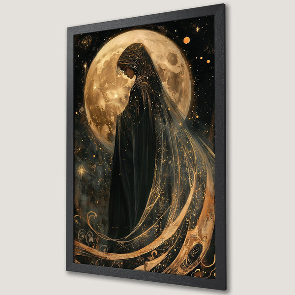 Framed Poster featuring a mystical woman silhouetted against a moon. Dark, elegant art with gold and black color palette. Perfect wall decor.