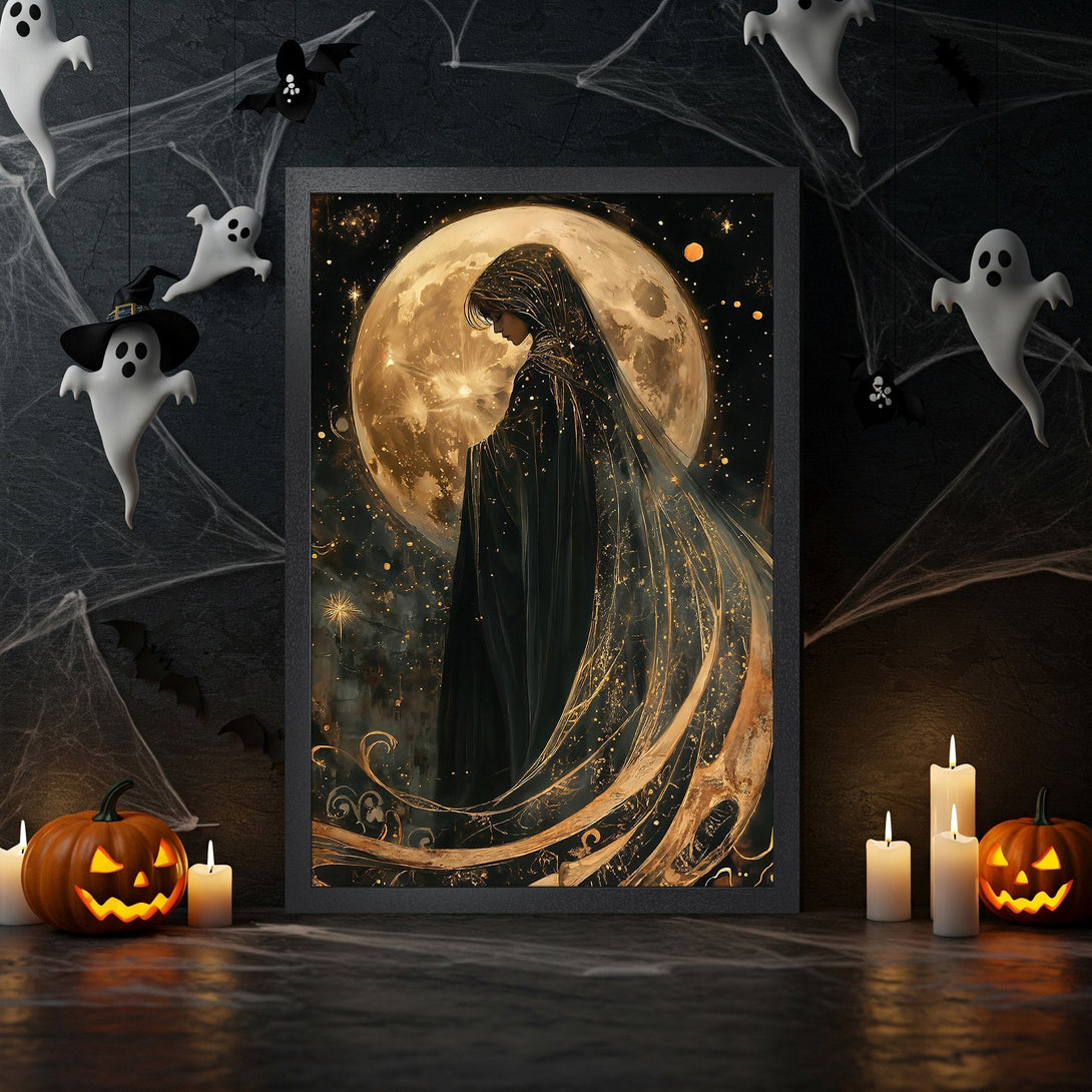 Framed Poster featuring a woman in black with a golden moon, dark & spooky style, Halloween colors. Perfect wall art!