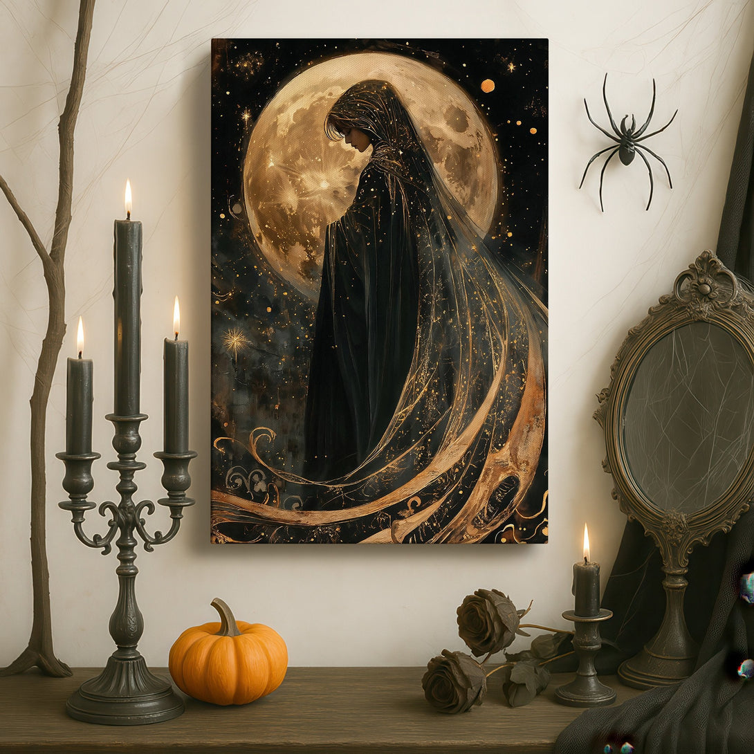 Framed Wall Art: Mystical woman in dark gown against a moonlit sky. Gothic style, gold and black color palette. Add a touch of elegance to your space.