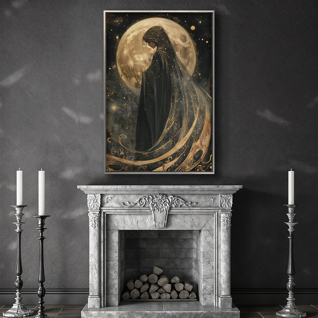 Framed Wall Art: Mystical woman silhouette against a moonlit sky. Dark, moody color palette with gold accents. Perfect for adding an enchanting touch to your space.