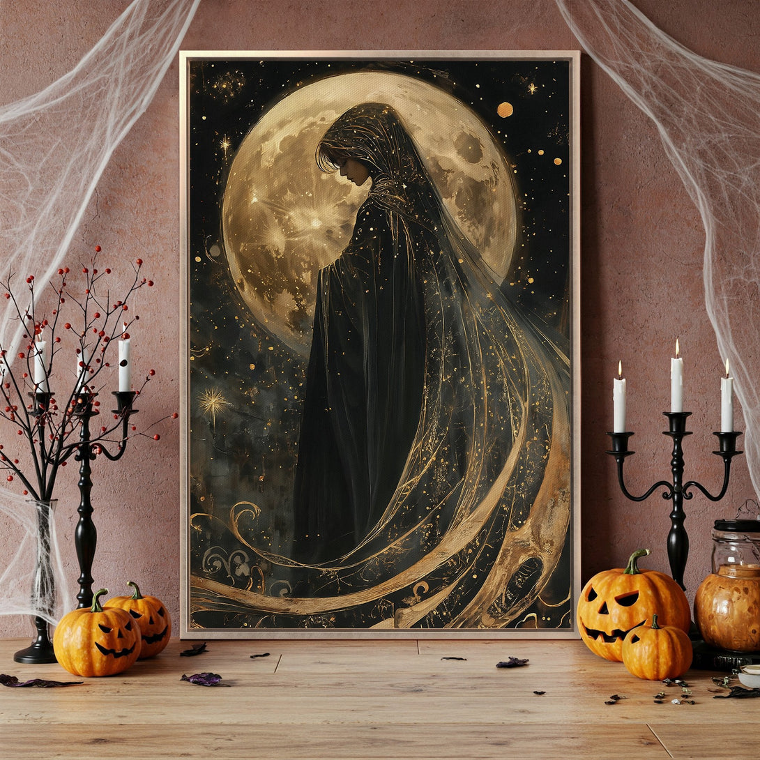 Framed Wall Art featuring a mystical figure against a moonlit sky, in a dark, gold, and black color palette. Perfect Halloween decor!