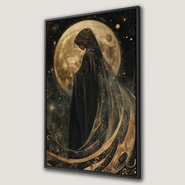 Framed Wall Art: Mystical woman in black and gold against a moonlit sky. Elegant, celestial art print with a dark, luxurious color palette. Perfect for home decor.