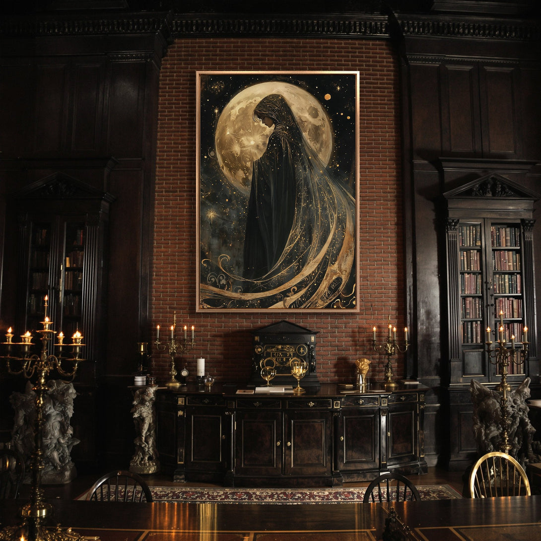 Framed Wall Art featuring a celestial figure in a dark, moody interior. Rich gold and black color palette, perfect for adding a touch of mystique.