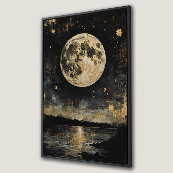 Framed Wall Art: Abstract night landscape with a full moon, dark blues, blacks, and gold accents. Perfect for adding a touch of celestial beauty to your home.