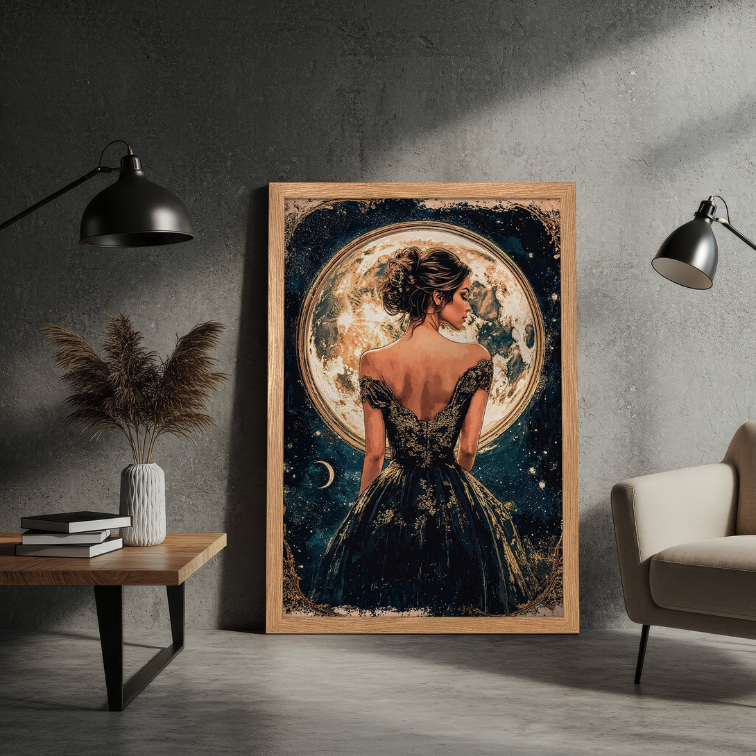 Framed Poster featuring a woman before the moon, in a dreamy, artistic style with a dark blue and gold color palette. Perfect wall art.