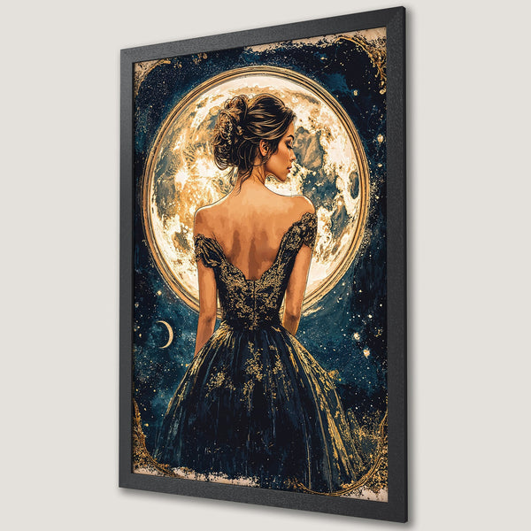 Framed Poster featuring a woman in a gown with a moon backdrop. Elegant style with a blue, gold, and black color palette. Perfect wall art!