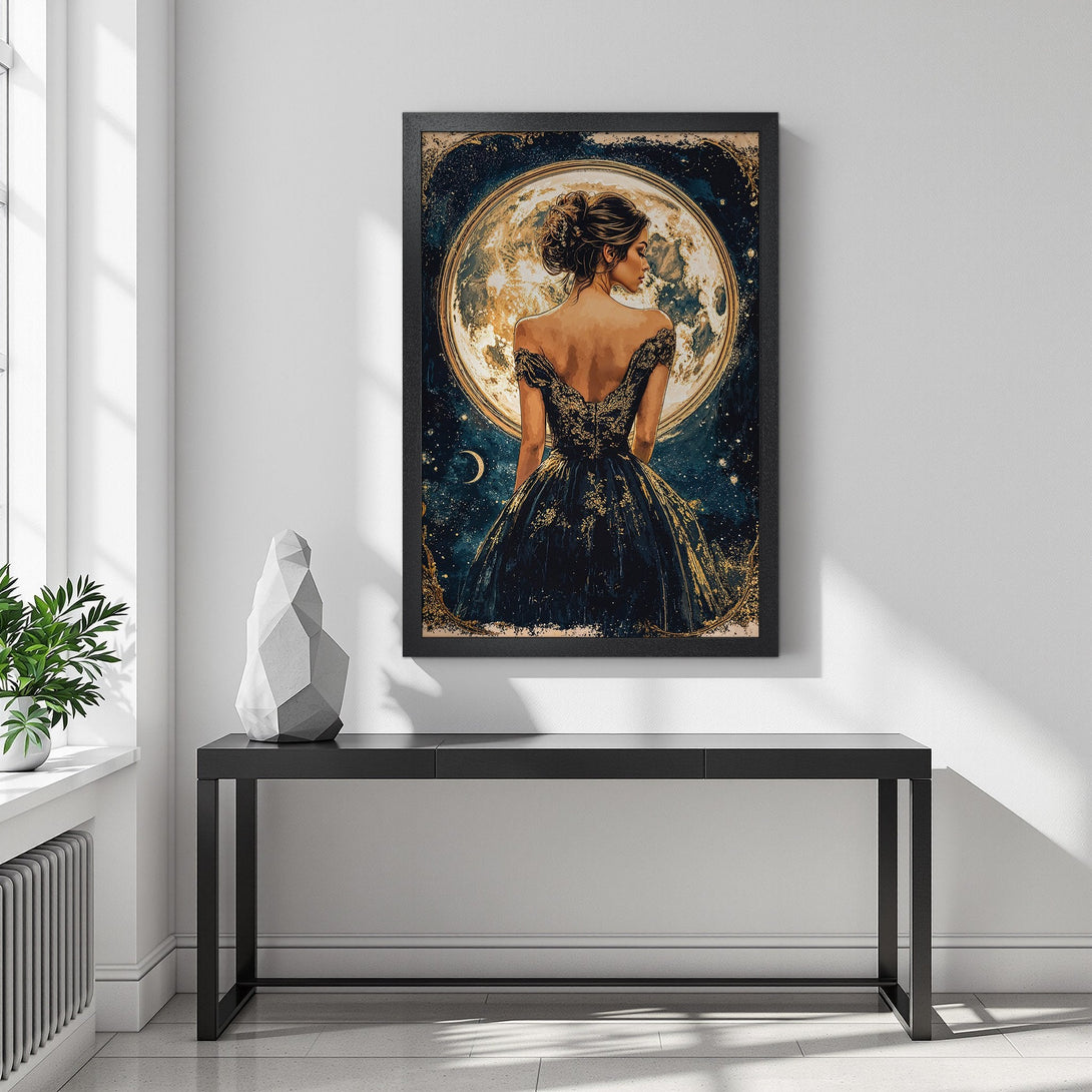 Framed Poster featuring a woman in a gown against a celestial background, in a dreamy, artistic style. Deep blues, gold, and neutral tones.
