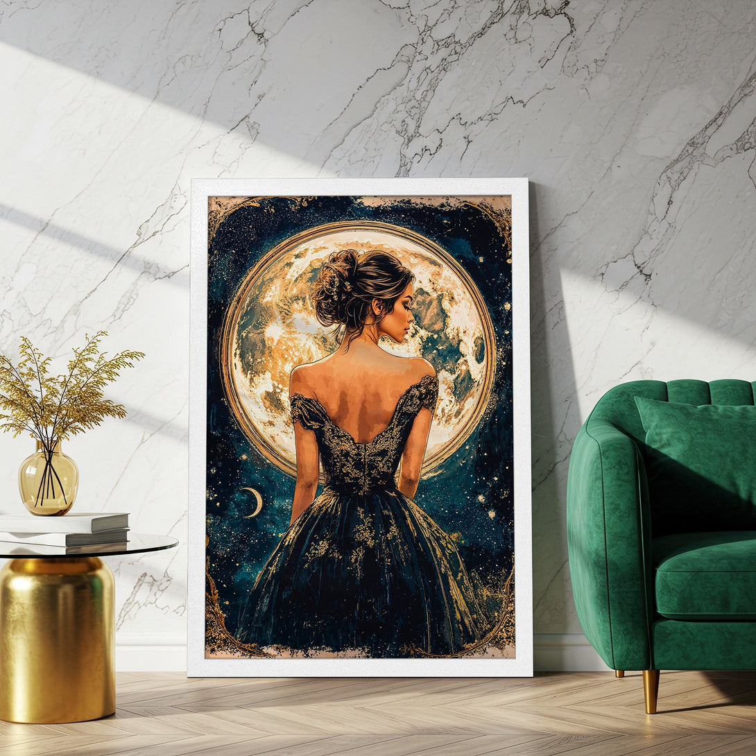 Framed Poster featuring a woman in a gown against a moon backdrop. Elegant art print in blue, gold, and teal tones. Perfect wall decor.