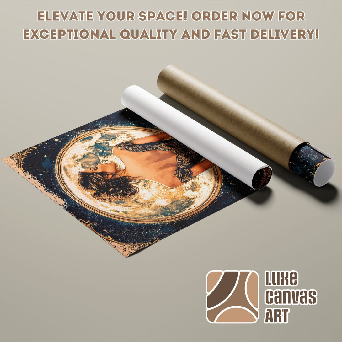 Poster Roll featuring a celestial woman, artistic style, with a blue, gold, and brown color palette.