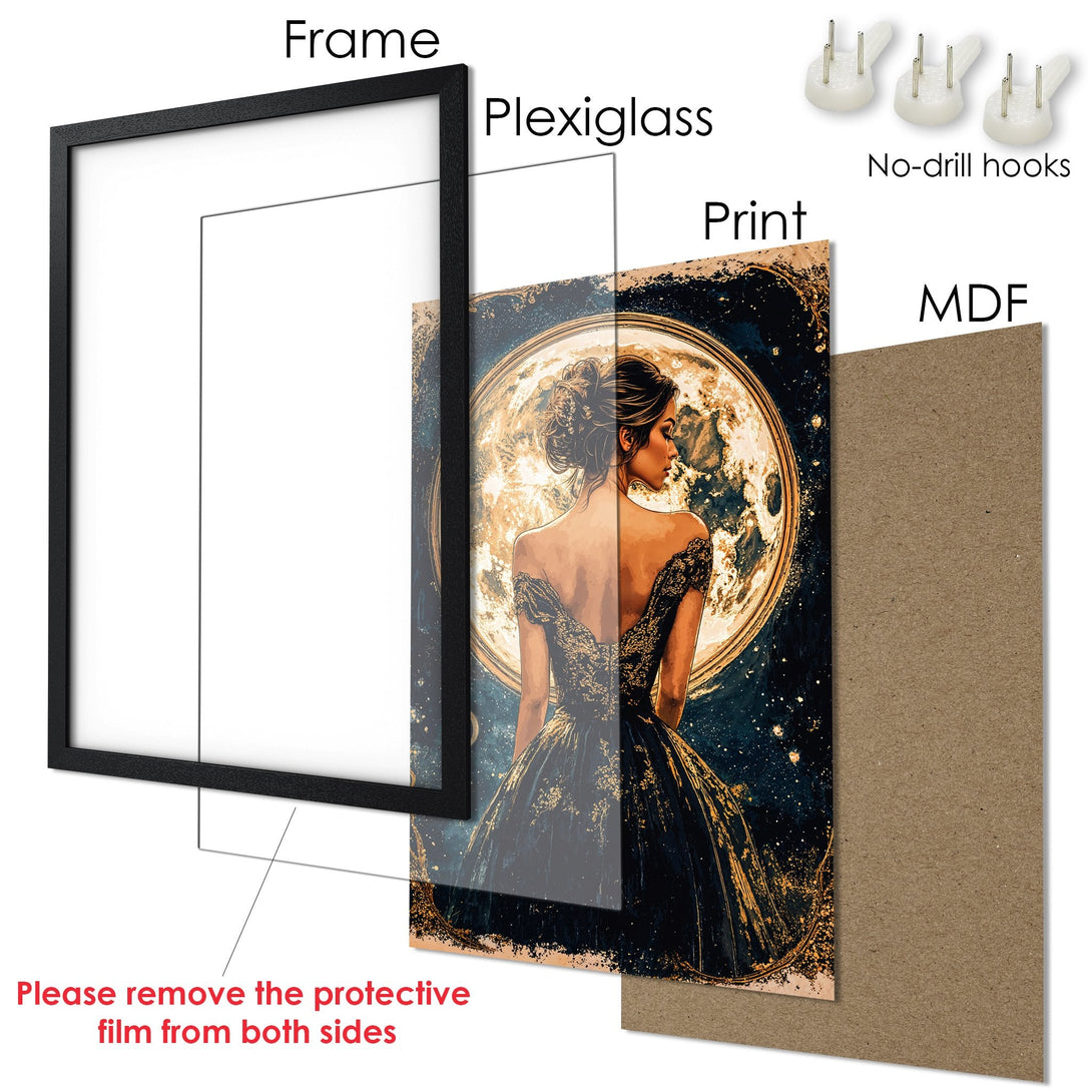 Framed Poster featuring a woman in a gown against a celestial background. Art print with dark blue, gold, and warm tones. Perfect wall decor!