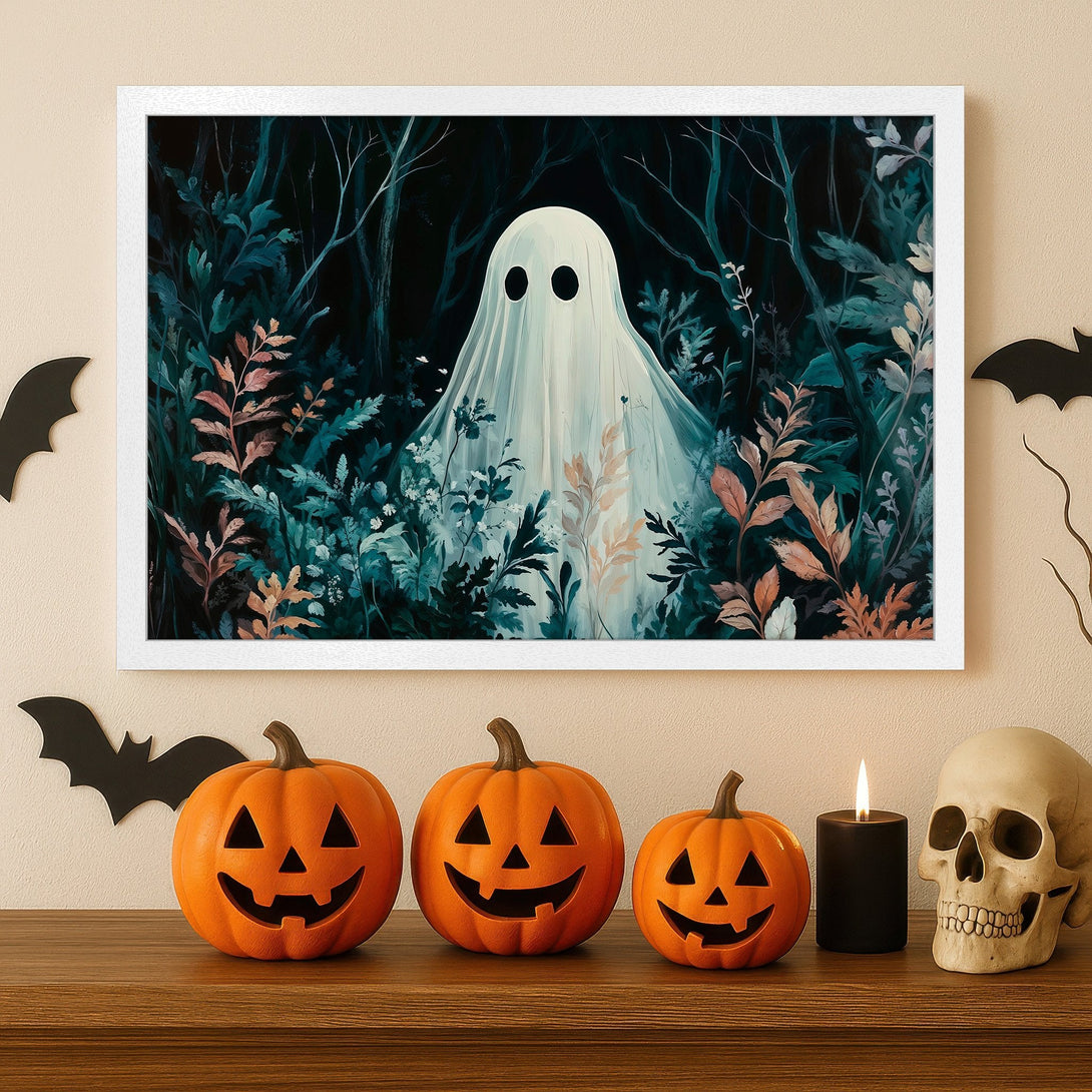 Framed Poster featuring a whimsical ghost in a forest, with teal, green, and orange tones. Perfect Halloween decor!