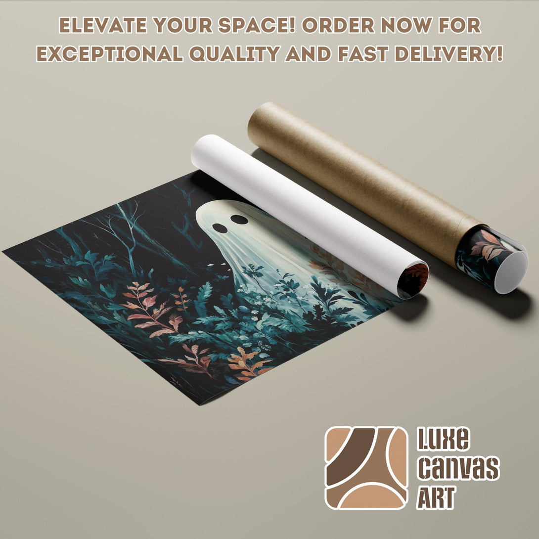 Spooky ghost art Poster Roll, dark teal & rust color palette, perfect for Halloween decor.