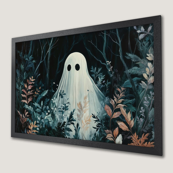 Framed Poster featuring a whimsical ghost in a forest. Dark, moody aesthetic with a teal, beige, and brown color palette. Perfect for Halloween!