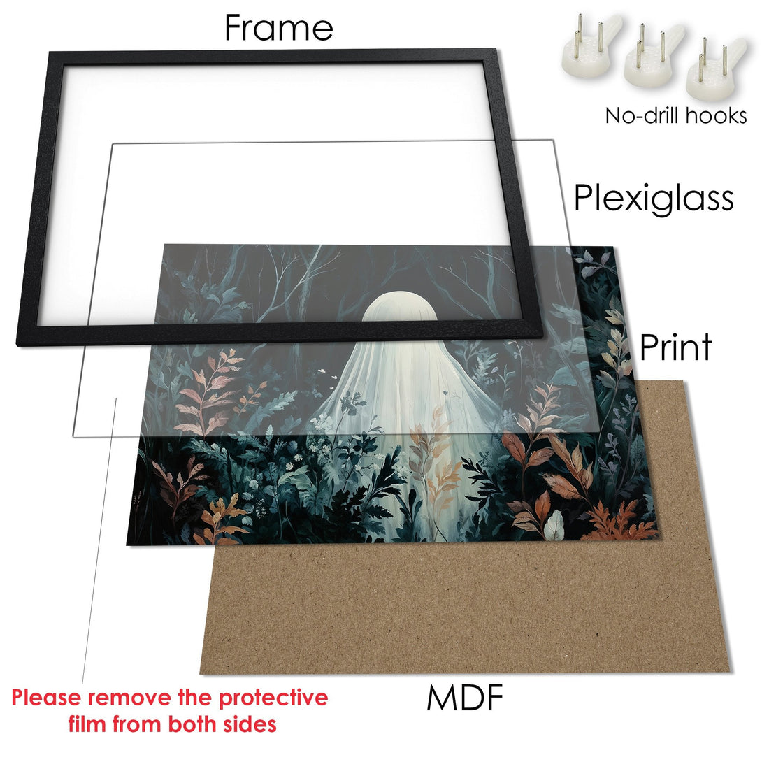 Framed Poster featuring a ghostly figure in a forest, with a dark teal and muted earth tone color palette. Ready to hang!