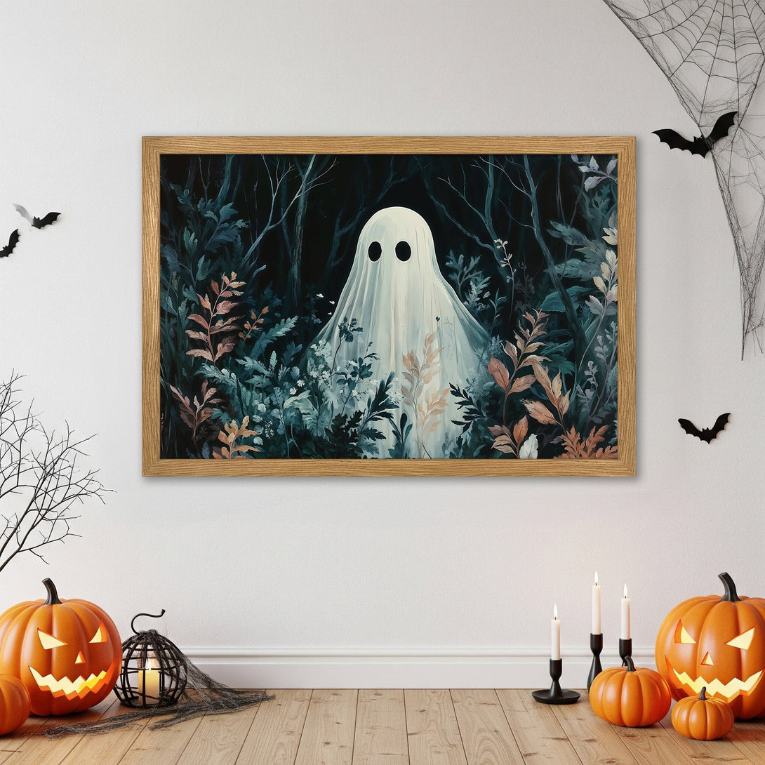 Framed Poster featuring a spooky ghost in a forest. Dark, moody color palette with teal, brown, and black. Perfect Halloween decor!