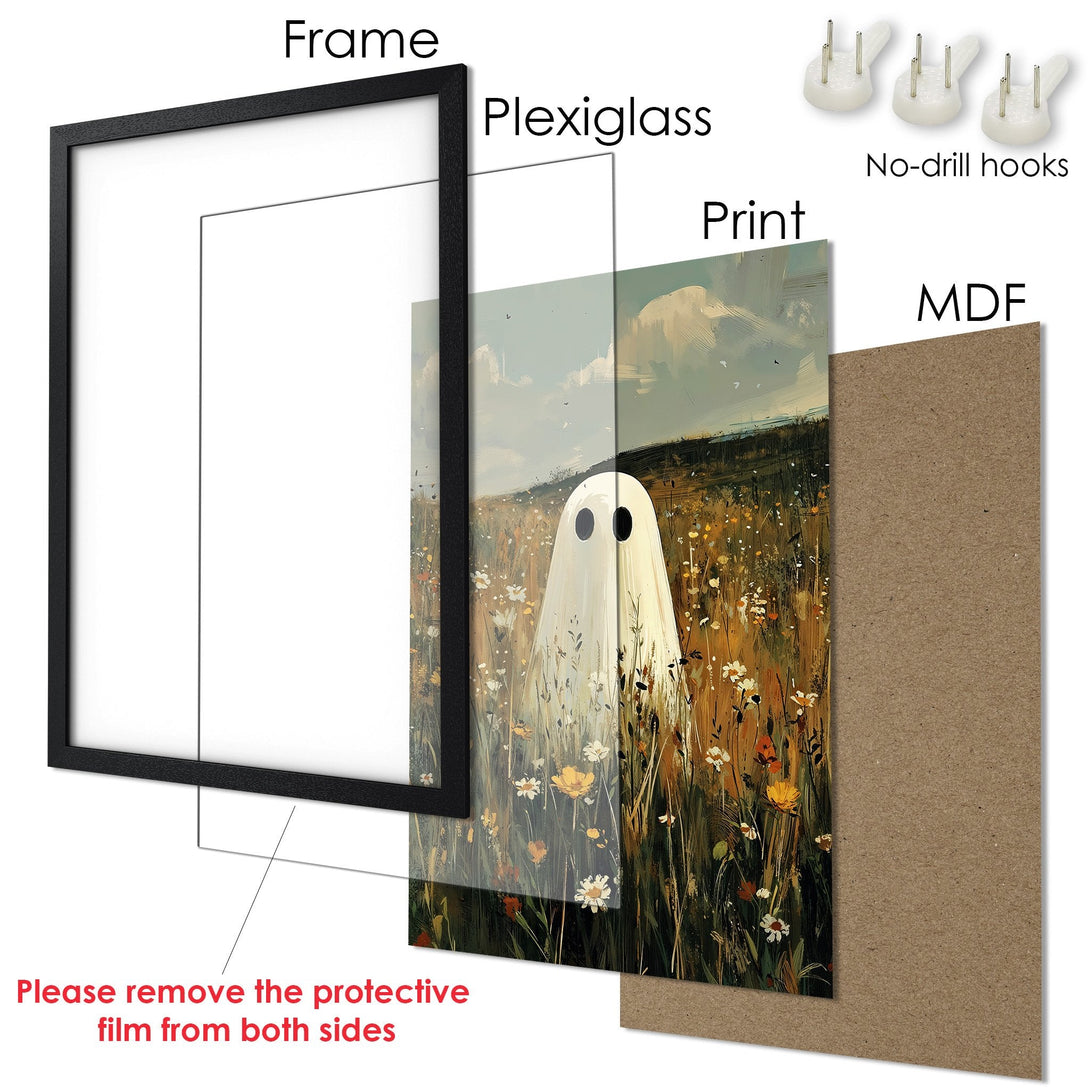 Framed Poster featuring a whimsical ghost in a field, painted in a soft, warm color palette. Perfect for adding a touch of art to your home!