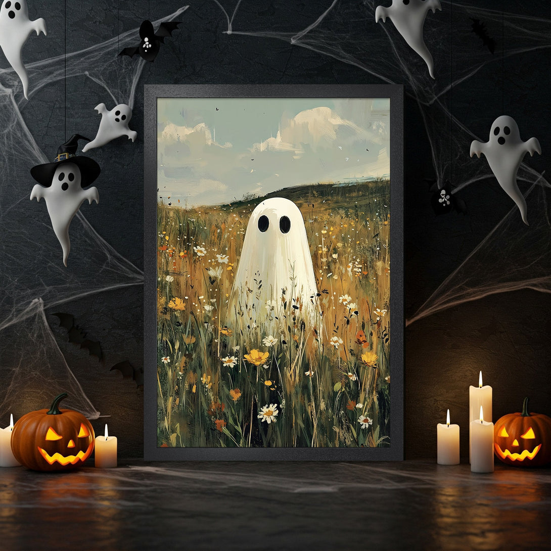 Framed Poster featuring a ghost in a field, impressionistic style, with a warm, earthy color palette. Perfect Halloween decor!