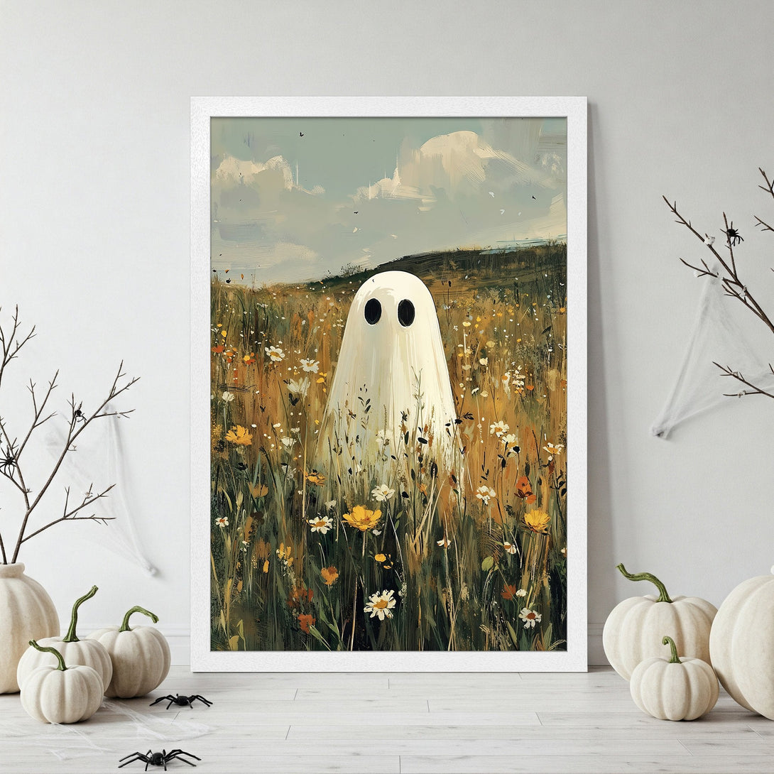 Framed Poster featuring a whimsical ghost in a field. Artistic style with warm, earthy tones and a touch of Halloween charm. Perfect wall art!