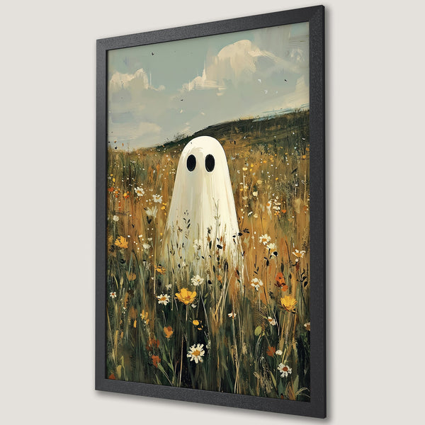 Framed Poster featuring a whimsical ghost in a field of wildflowers. Artistic style with a warm, earthy color palette. Perfect for Halloween decor.