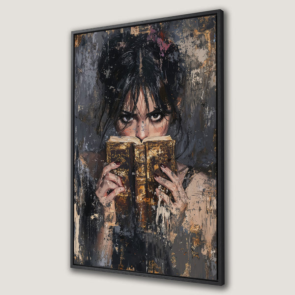 Framed Wall Art featuring a woman reading, abstract expressionist style, with a dark, moody palette of black, gray, and gold. Perfect for modern decor.