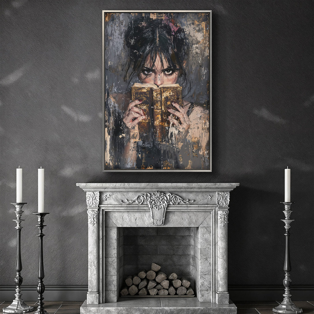 Framed Wall Art: Mysterious woman reading a book, abstract style, dark gray and gold color palette, perfect for gothic home decor.