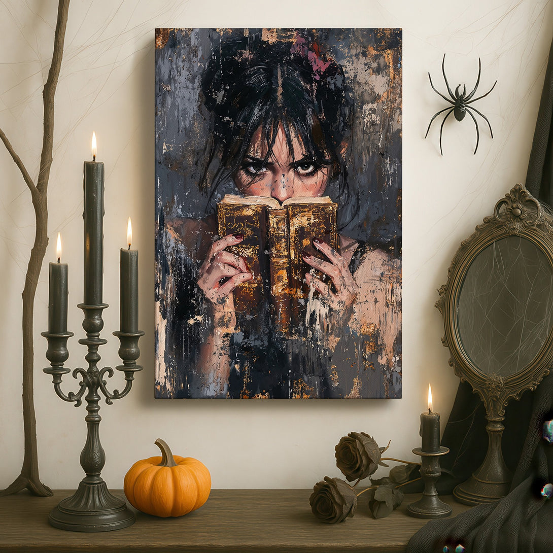 Framed Wall Art featuring a woman reading, in a dark, moody style with a gray and gold color palette, perfect for adding a touch of mystery.