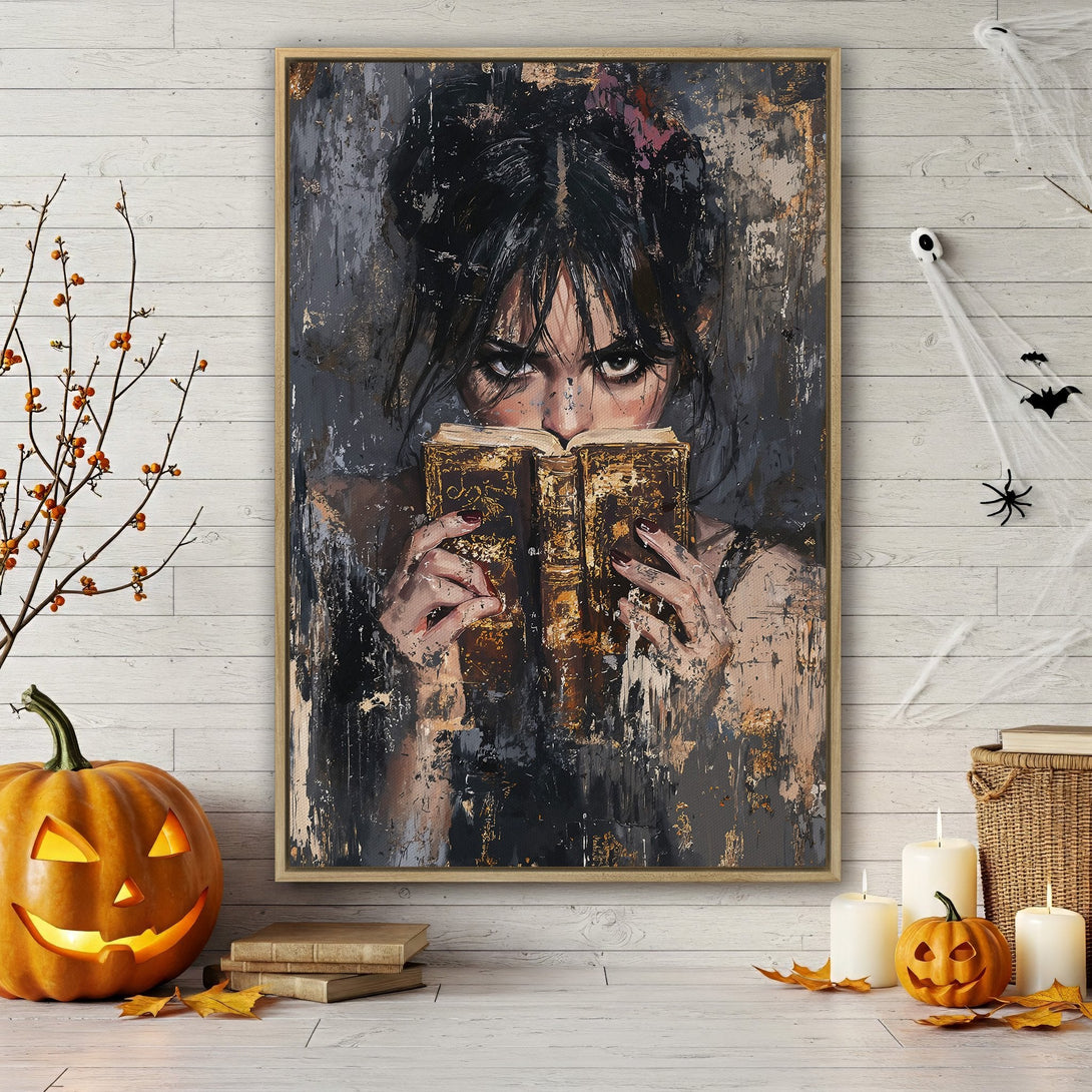 Framed Wall Art featuring a mysterious woman reading, in a dark, abstract style with a moody gray and gold color palette. Perfect for Halloween decor!