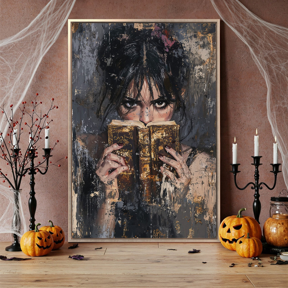 Framed Wall Art: Dark portrait of a woman reading a book, abstract style, with a moody black, gold, and brown color palette. Perfect for Halloween decor.