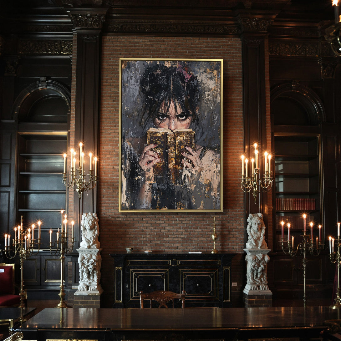 Canvas Print: Gothic woman reading, dark abstract art in moody gray, black, and gold tones. Perfect for Halloween decor!