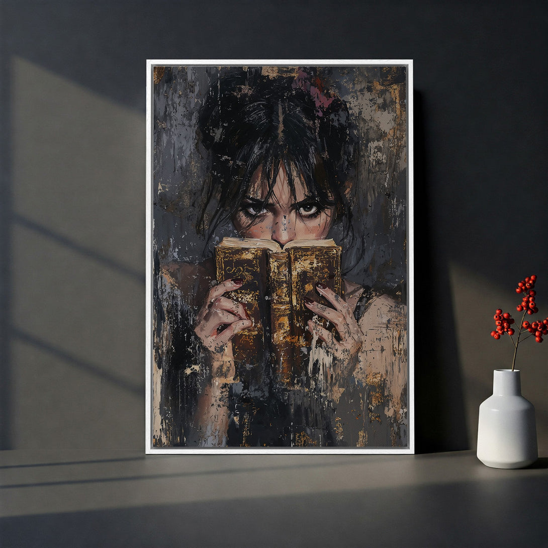 Framed Wall Art: Abstract portrait of a woman reading. Dark, moody color palette with black, brown, and gold tones. Perfect for adding a touch of mystery.