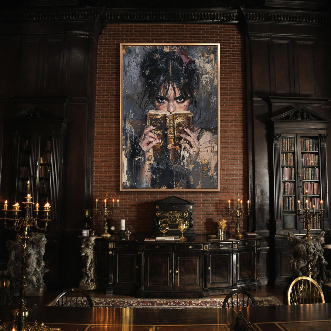 Framed Wall Art: Abstract portrait of a woman reading, dark and moody color palette. Perfect for adding a touch of mystery to your home decor.