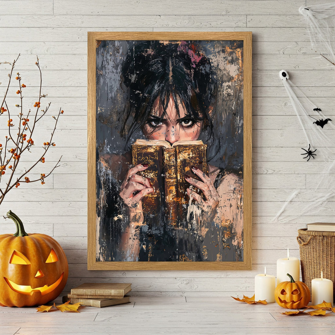 Framed Poster featuring a woman reading a book, abstract style, dark & gold color palette. Perfect Halloween decor.