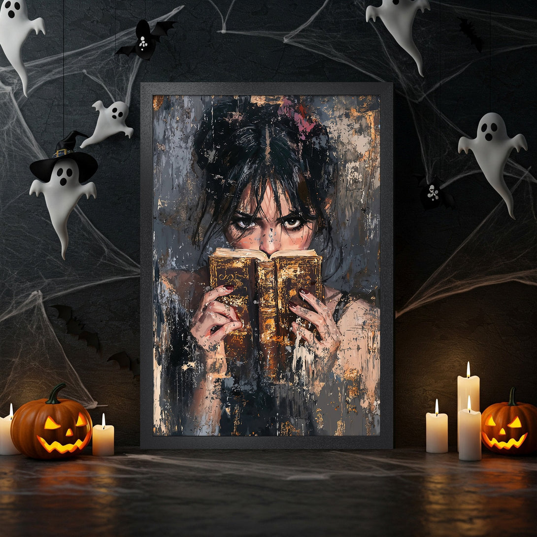 Framed Poster featuring a woman with a book, abstract style, dark gray, gold, and brown color palette, perfect Halloween decor.