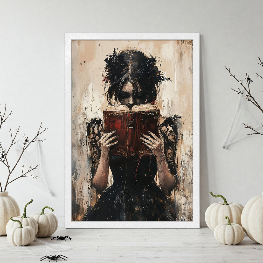 Framed Poster: Gothic art print of a woman reading a book. Dark, moody color palette. Perfect for Halloween decor.