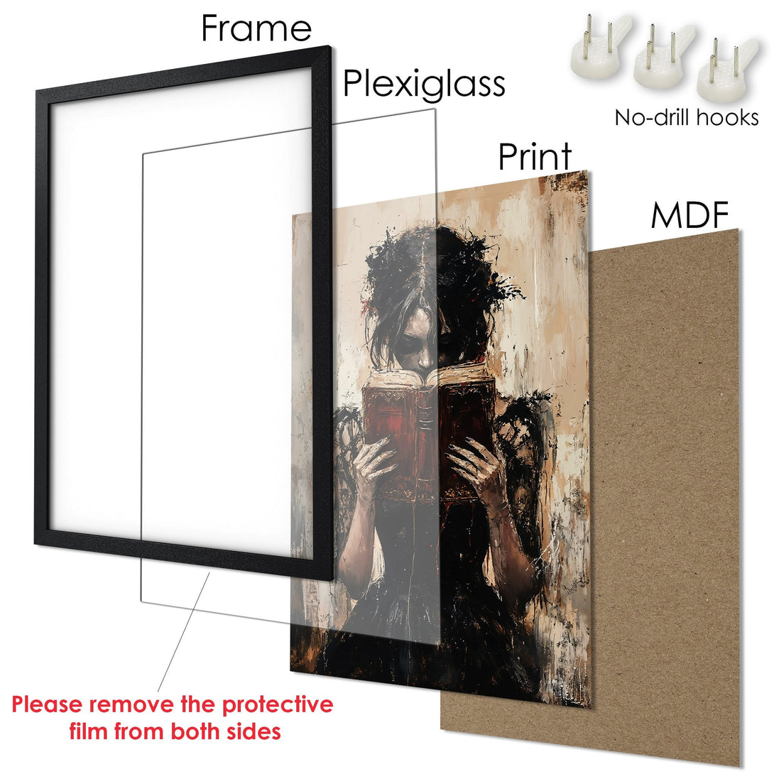 Framed Poster of a woman reading, dark art style, with a neutral and black color palette. Perfect wall art.