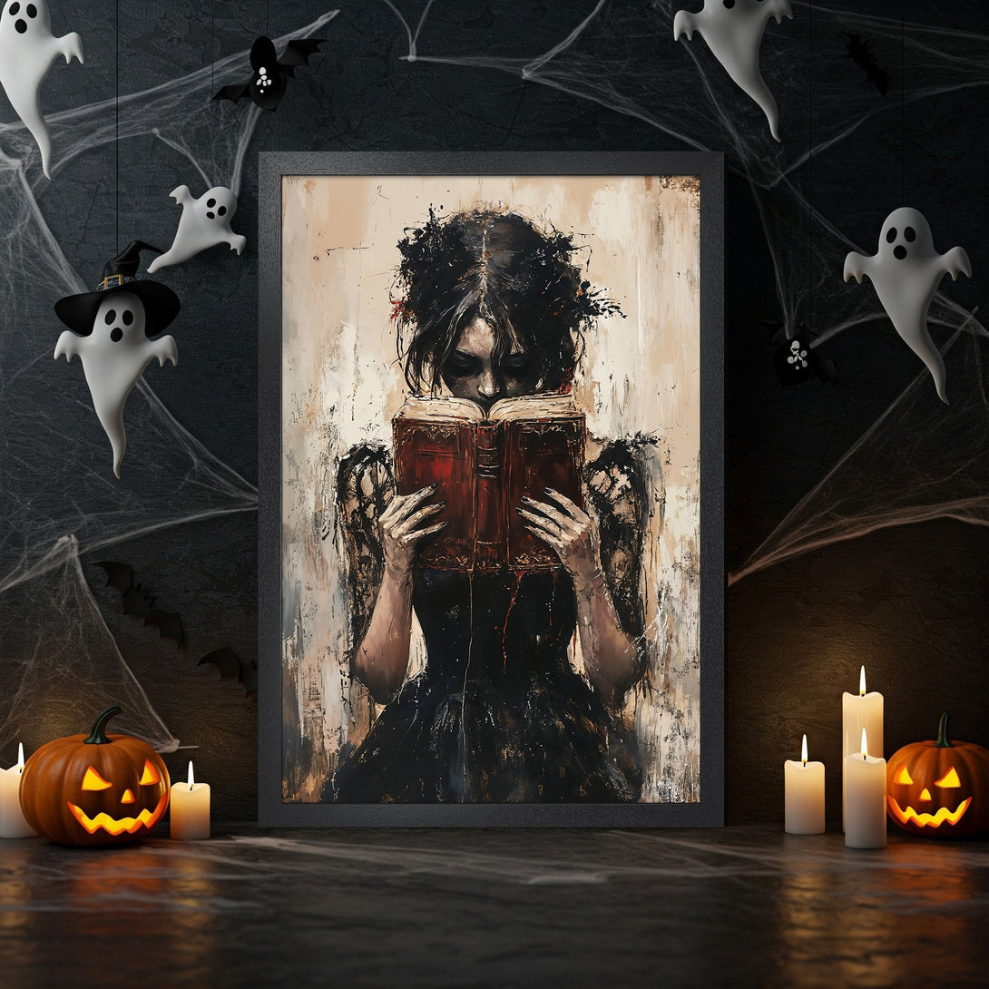 Framed Poster featuring a gothic woman reading, with a dark color palette and a spooky Halloween theme. Perfect wall art!